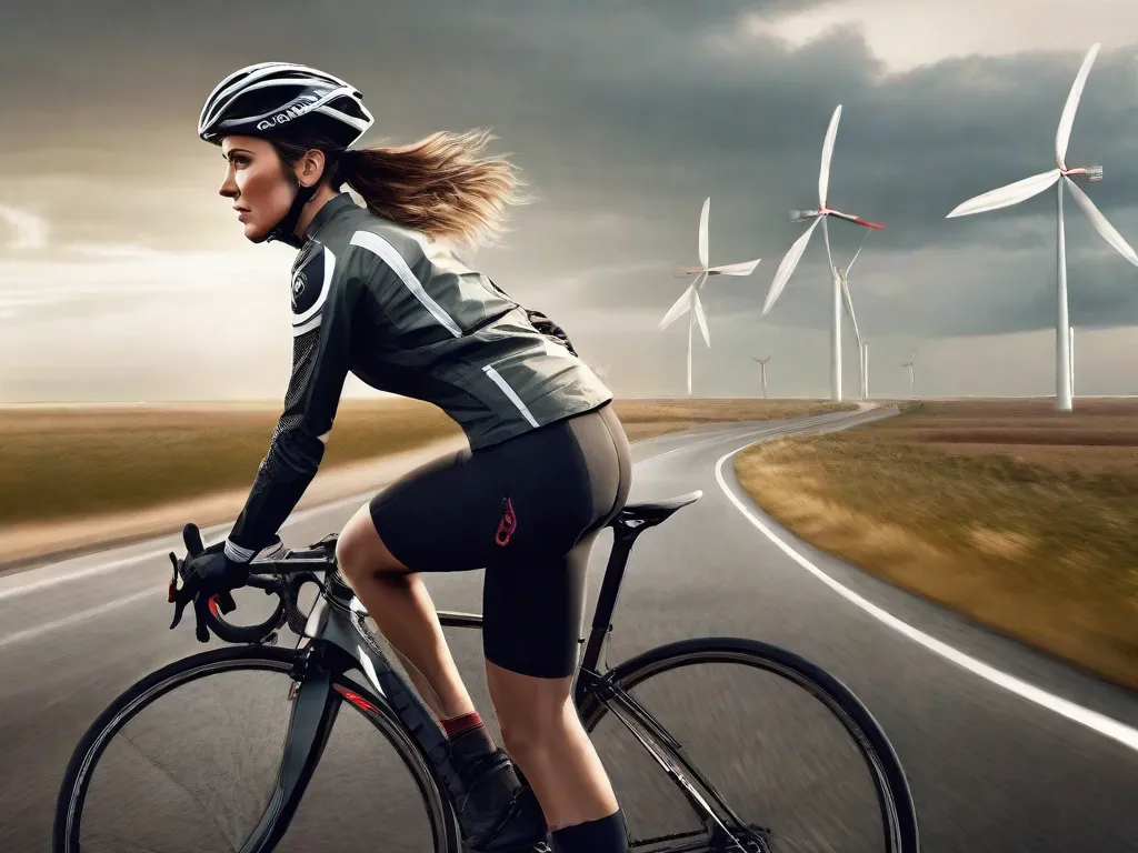 Uma ciclista se inclina contra um forte vento contrário, seu corpo angulado baixo sobre o guidão, cabelos jogados para trás e jaqueta esvoaçante. A estrada vazia à frente se estende por uma paisagem aberta, com turbinas eólicas ao longe, simbolizando a força implacável contra a qual ela luta.