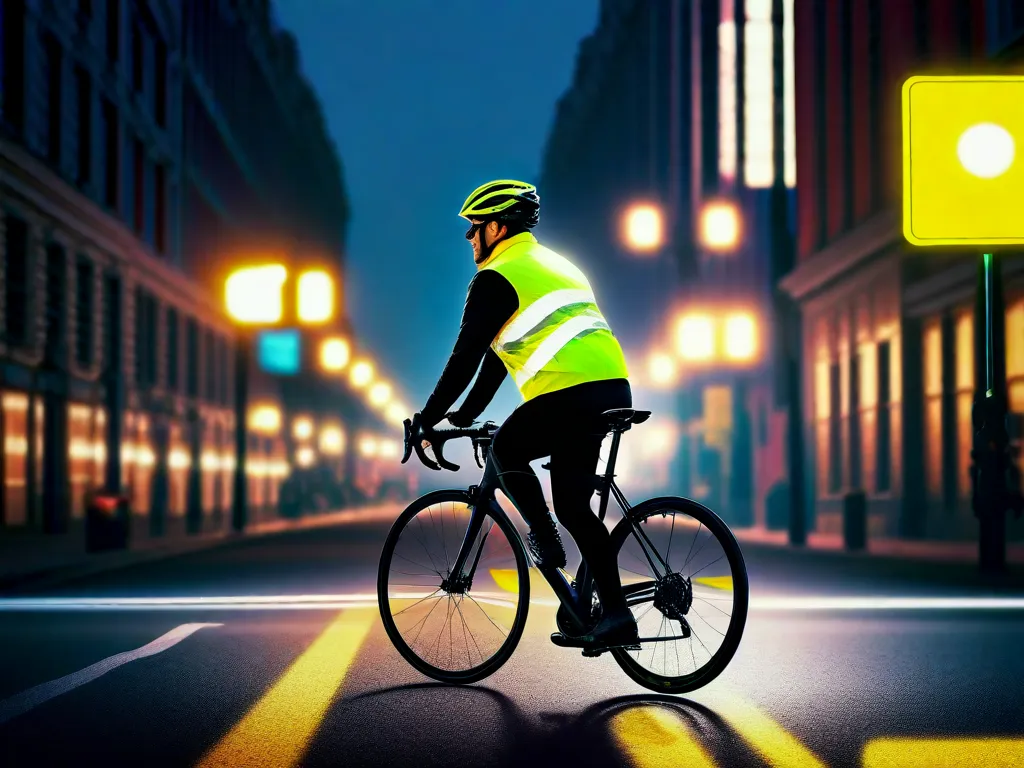 Descrição da imagem: Um ciclista usando um colete reflexivo amarelo brilhante está pedalando em uma rua bem iluminada da cidade à noite. A bicicleta do ciclista está equipada com luzes dianteiras e traseiras que iluminam o ambiente. A imagem destaca a importância de ser visível para os motoristas, promovendo a segurança tanto para os ciclistas quanto para os motoristas.