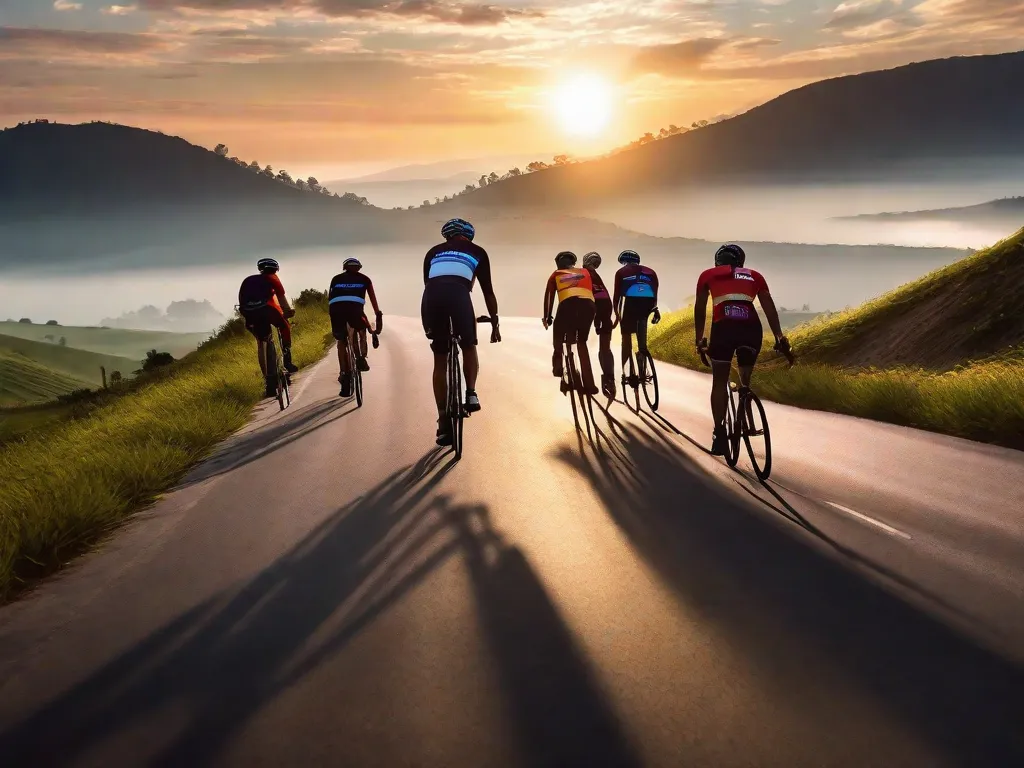 Um grupo de ciclistas adultos em uma estrada cênica ao nascer do sol, suas silhuetas contra o céu resplandecente. Eles pedalam em uma formação apertada, demonstrando camaradagem e uma paixão compartilhada pelo ciclismo. Ao fundo, a paisagem é uma mistura de colinas ondulantes e a natureza despertando.