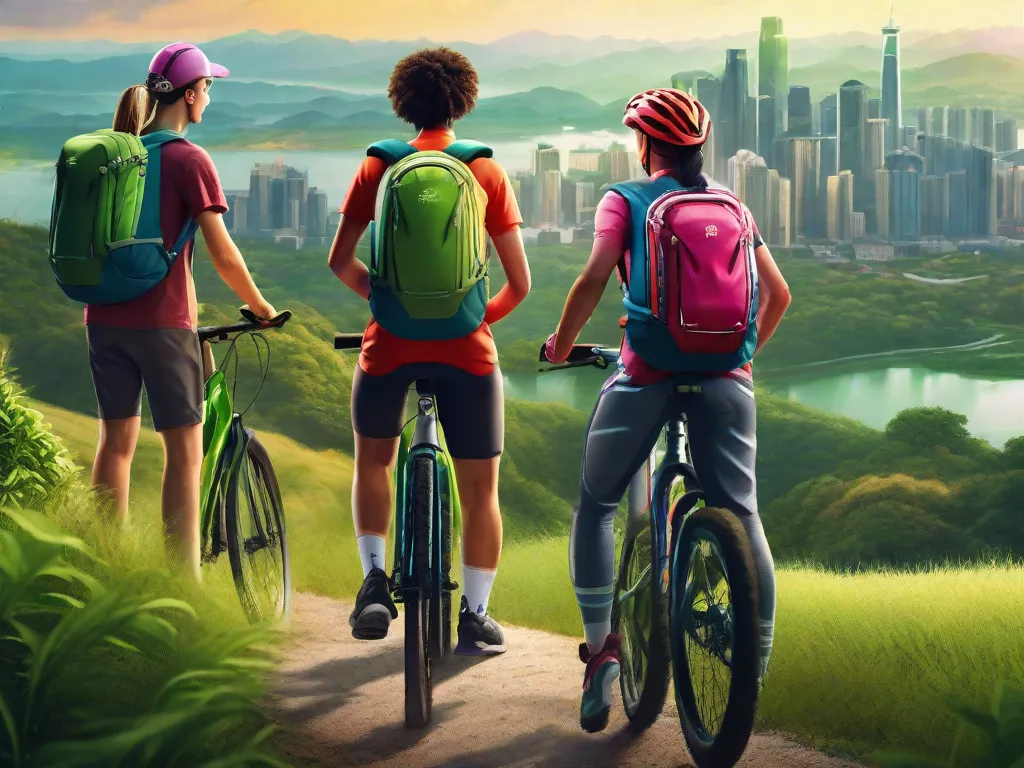 Um grupo de jovens ciclistas adultos com mochilas está em pé no topo de uma colina verdejante, contemplando uma vista panorâmica de uma paisagem urbana limpa e vibrante. Suas bicicletas estão equipadas com equipamentos ecológicos, simbolizando seu compromisso com o transporte sustentável e a gestão ambiental responsável.