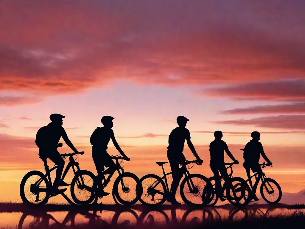 Um grupo diversificado de ciclistas atingindo o topo de uma colina ao nascer do sol, silhuetados contra o céu resplandecente, com suas bicicletas alinhadas ao lado enquanto observam o horizonte, encarnando um sentimento de realização e união.
