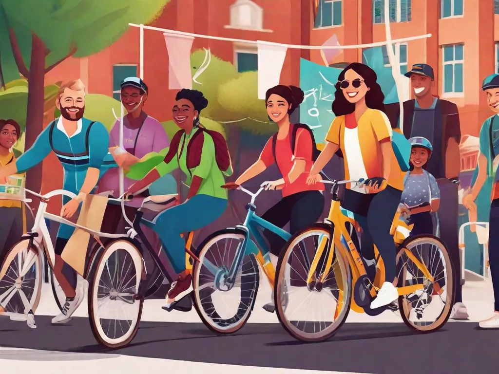 Um grupo de adultos com origens diversas, vestindo roupas casuais de ciclismo, estão sorrindo e erguendo suas bicicletas em um parque da cidade, com bandeiras promovendo iniciativas globais de ciclismo esvoaçando ao fundo. A atmosfera é vibrante e voltada para a comunidade.