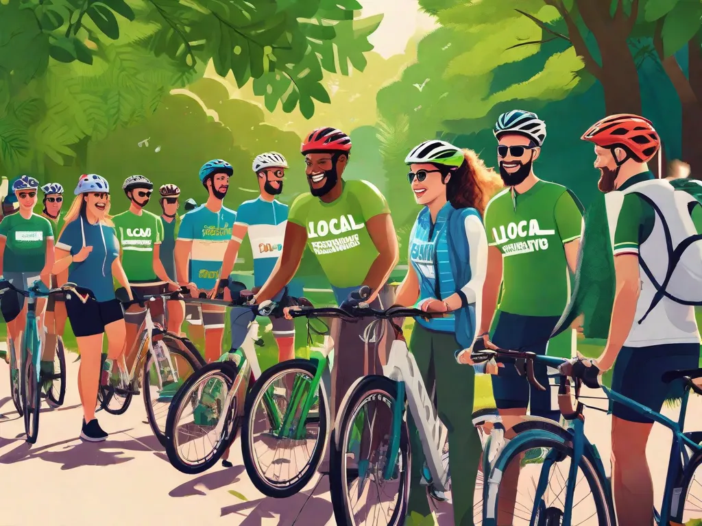 Um grupo de ciclistas adultos alegres está reunido, sorrindo, com suas bicicletas ao lado deles em um parque da cidade ensolarado. Eles vestem roupas casuais de ciclismo e capacetes, e atrás deles, uma faixa diz