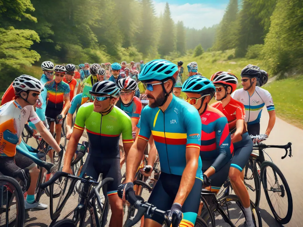 Uma imagem vibrante de um grupo de ciclistas reunidos em um local pitoresco, com suas bicicletas alinhadas de forma ordenada. Os ciclistas estão usando camisetas coloridas e capacetes, discutindo animadamente seus próximos eventos de ciclismo e trocando dicas e histórias. A empolgação e camaradagem entre os ciclistas é palpável.