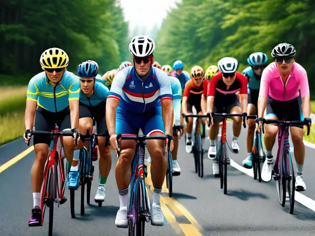 Um grupo de ciclistas adultos com capacetes aerodinâmicos e roupas esportivas coloridas mantém uma fila única em uma estrada cênica, demonstrando respeito pelas leis de trânsito. Suas bicicletas estão equipadas com luzes de segurança e eles sinalizam as curvas com gestos claros de braço, incorporando a etiqueta adequada para o ciclismo.