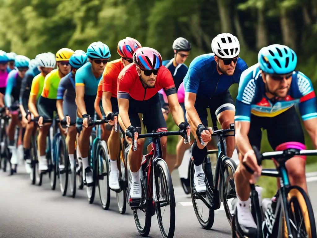Um grupo de ciclistas adultos com capacetes aerodinâmicos e camisas coloridas pedala em fila única em uma estrada cênica, demonstrando a etiqueta de ciclismo adequada ao manter uma distância segura e permitir espaço para que os veículos ultrapassem.