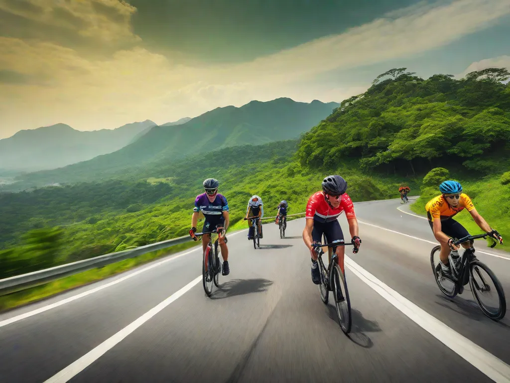 Um grupo de ciclistas adultos com camisetas vibrantes e capacetes andando em fila única em uma estrada cênica, mantendo uma distância respeitosa entre si enquanto sinalizam curvas com as mãos contra um cenário de vegetação exuberante e montanhas.