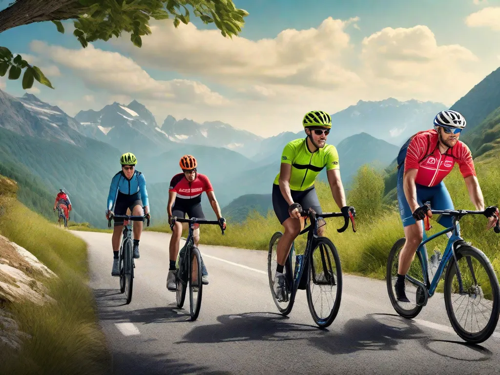 Um grupo diversificado de ciclistas adultos, usando capacetes e camisetas coloridas, é mostrado no meio do percurso em uma trilha montanhosa cênica, trabalhando juntos para consertar um pneu furado. O cenário apresenta uma vista panorâmica das montanhas sob um céu azul claro.
