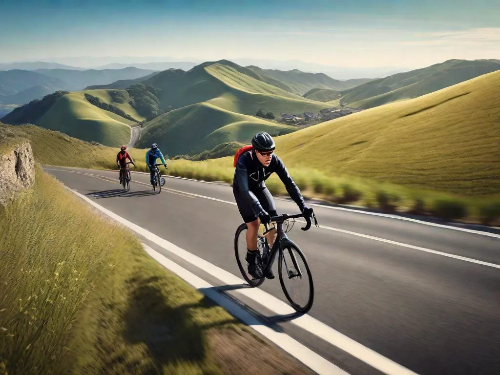 Um ciclista com equipamento completo mantém uma distância segura ao ultrapassar outro ciclista em uma estrada montanhosa cênica, ambos focados à frente, com o ciclista que está ultrapassando sinalizando a manobra com um braço estendido. O plano de fundo apresenta colinas ondulantes sob um céu azul claro.