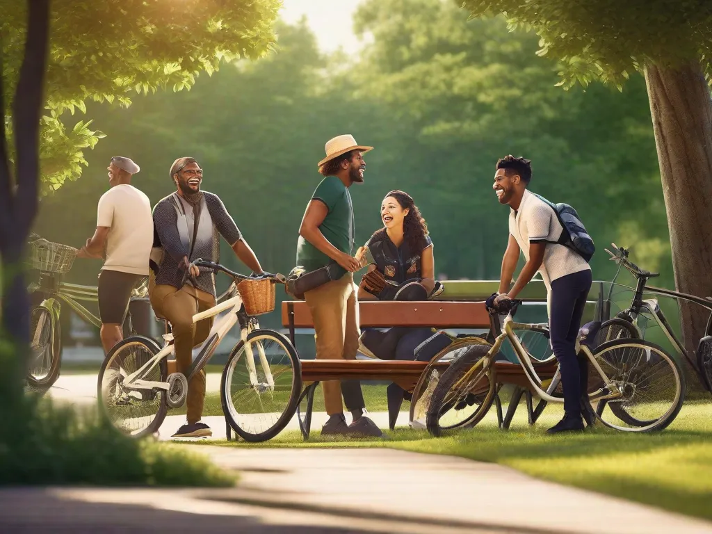 Um grupo de ciclistas adultos rindo e conversando em um parque, com suas bicicletas encostadas em um banco de madeira. Árvores com folhas verdejantes fornecem um pano de fundo sereno sob o suave brilho do sol da tarde.