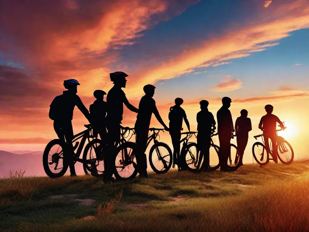 Um grupo diversificado de ciclistas adultos está triunfantemente no topo de uma colina, silhuetados contra um pôr do sol vibrante. Suas bicicletas são erguidas acima da cabeça, simbolizando conquista e união. O cenário apresenta uma vista panorâmica de um vale pitoresco, enfatizando a escala global da inspiração no ciclismo.
