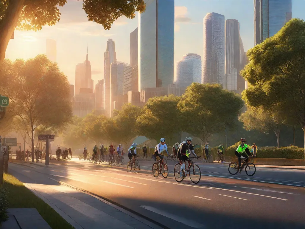 Uma paisagem urbana com uma ciclovia dedicada, repleta de ciclistas se deslocando. Árvores frondosas margeiam as ruas, e painéis solares coroam os telhados ao fundo. O sol poente lança um brilho quente, destacando um céu limpo e livre de poluição.