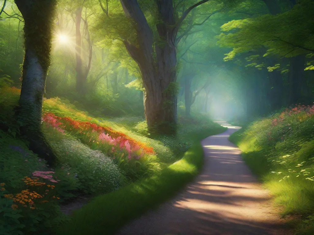 Uma imagem serena de uma estrada aberta serpenteando através de uma floresta verdejante com a luz do sol filtrando-se pelas copas das árvores. Uma única bicicleta está encostada em um poste de madeira no início de uma trilha, convidando à exploração.