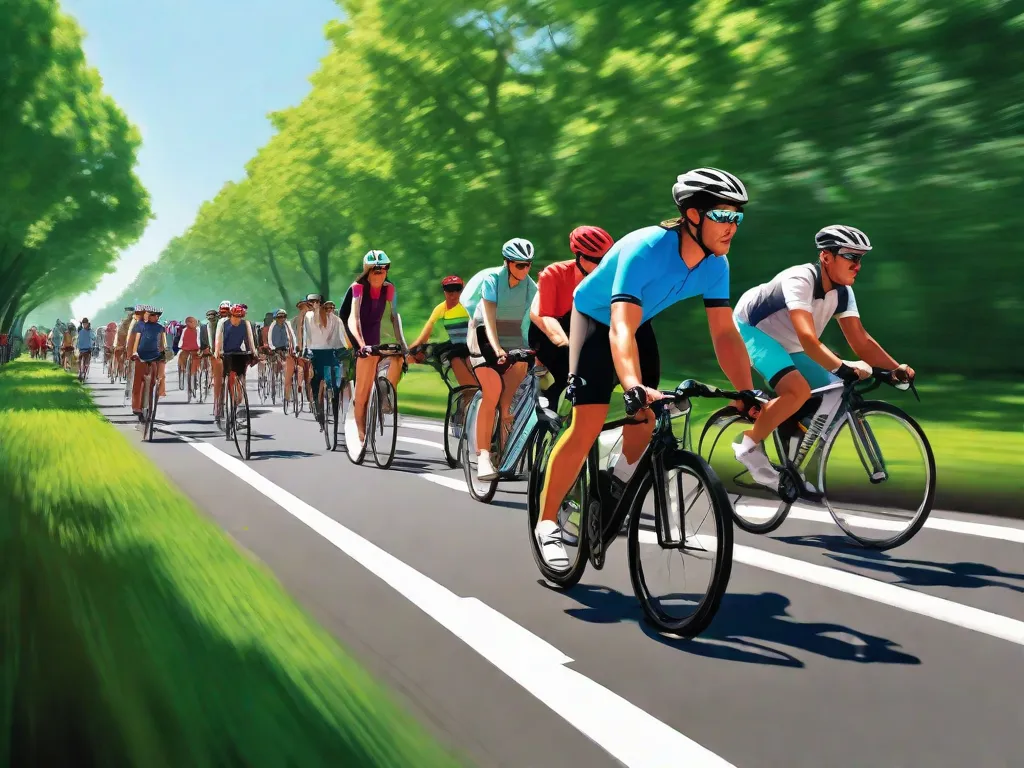 Uma movimentada ciclovia urbana cheia de adultos se deslocando de bicicleta, exibindo ciclistas diversos em movimento, usando capacetes e roupas brilhantes para segurança, com um pano de fundo de árvores verdes e um céu azul claro, ilustrando o aspecto saudável e ecológico do ciclismo em ambientes urbanos.