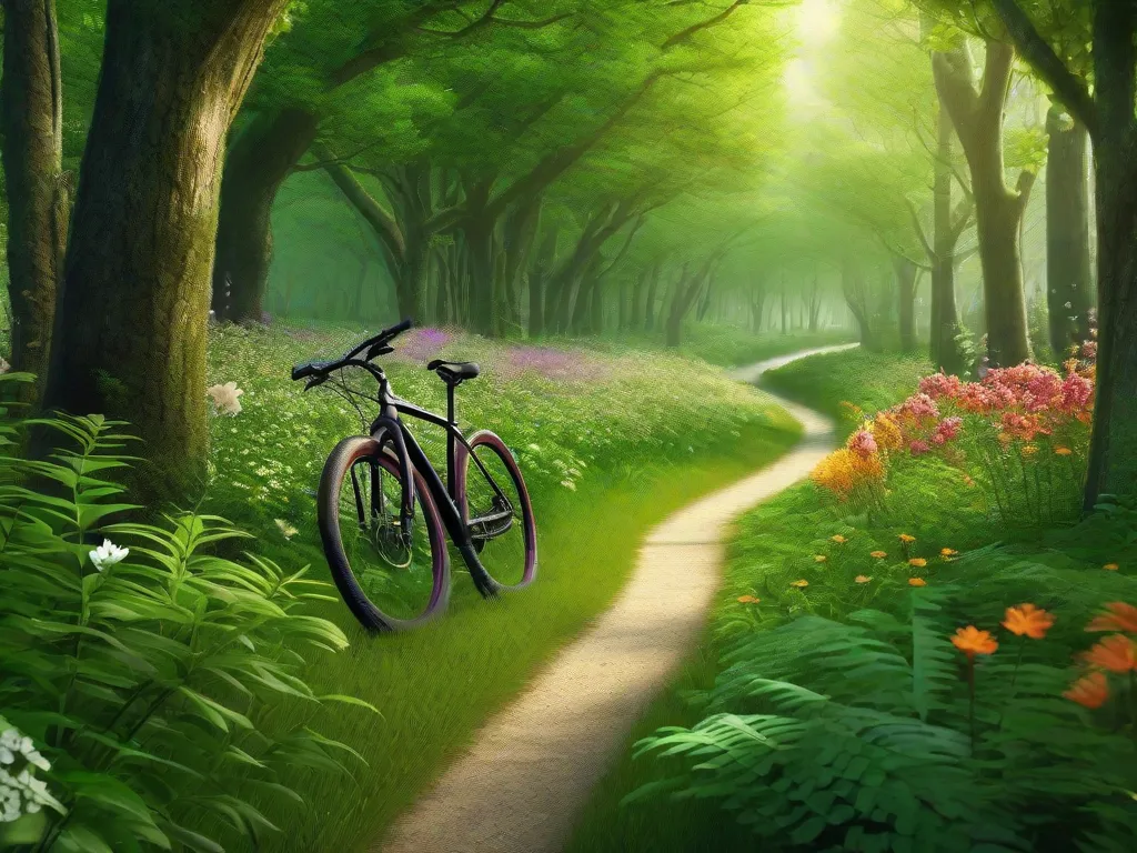 Descrição: Uma imagem vibrante mostrando uma floresta verde exuberante com uma trilha sinuosa de bicicleta cortando-a. A trilha é cercada por árvores altas, flores em flor e pássaros cantando, simbolizando a harmonia entre o ciclismo e a natureza. A imagem destaca os benefícios ambientais das bicicletas, como a redução das emissões de carbono