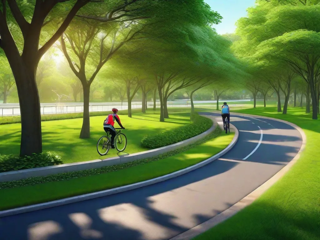 Uma ciclovia pavimentada serpenteia por um parque verdejante, com árvores proporcionando sombra abundante. Ao longe, um ciclista com roupas chamativas pedala pelo caminho, com sinalização clara indicando que a via é dedicada aos ciclistas, garantindo um ambiente seguro longe do tráfego.