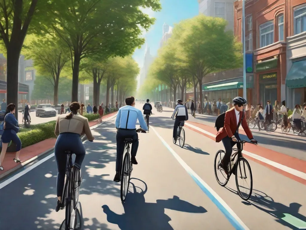 Uma paisagem urbana serena com uma ciclovia designada, ladeada por vegetação exuberante. No primeiro plano, uma bicicleta está encostada em um banco de madeira, com um capacete repousando no guidão. Ao fundo, o céu azul claro sugere um ar não poluído, destacando os benefícios ambientais do ciclismo.