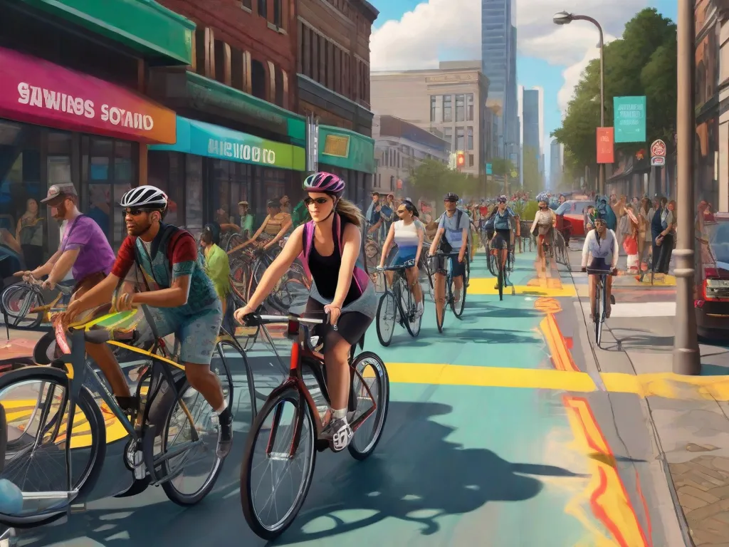 Uma movimentada ciclovia urbana cheia de ciclistas diversos se deslocando, uma mistura de bicicletas de estrada, fixies e bicicletas de carga, com um pano de fundo de arte de rua colorida celebrando a cultura do ciclismo, e uma estação de reparo de bicicletas com ferramentas disponíveis para ajustes rápidos.