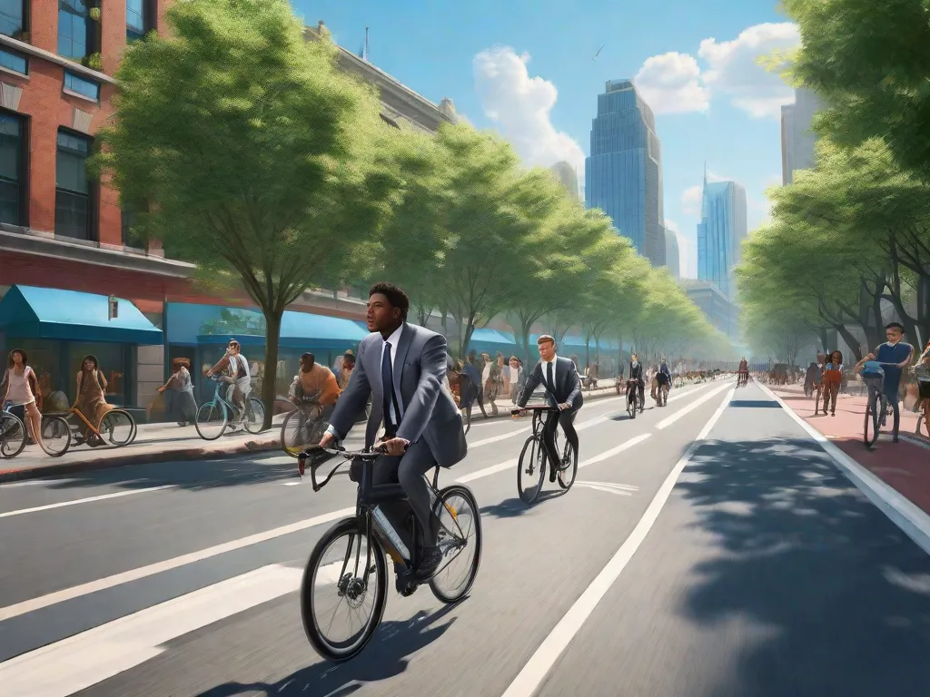Uma rua movimentada da cidade com uma ciclovia dedicada, onde um grupo diversificado de adultos em trajes formais e roupas casuais estão pedalando. Árvores frondosas margeiam o caminho, e o céu azul claro acima sugere uma redução da poluição do ar.