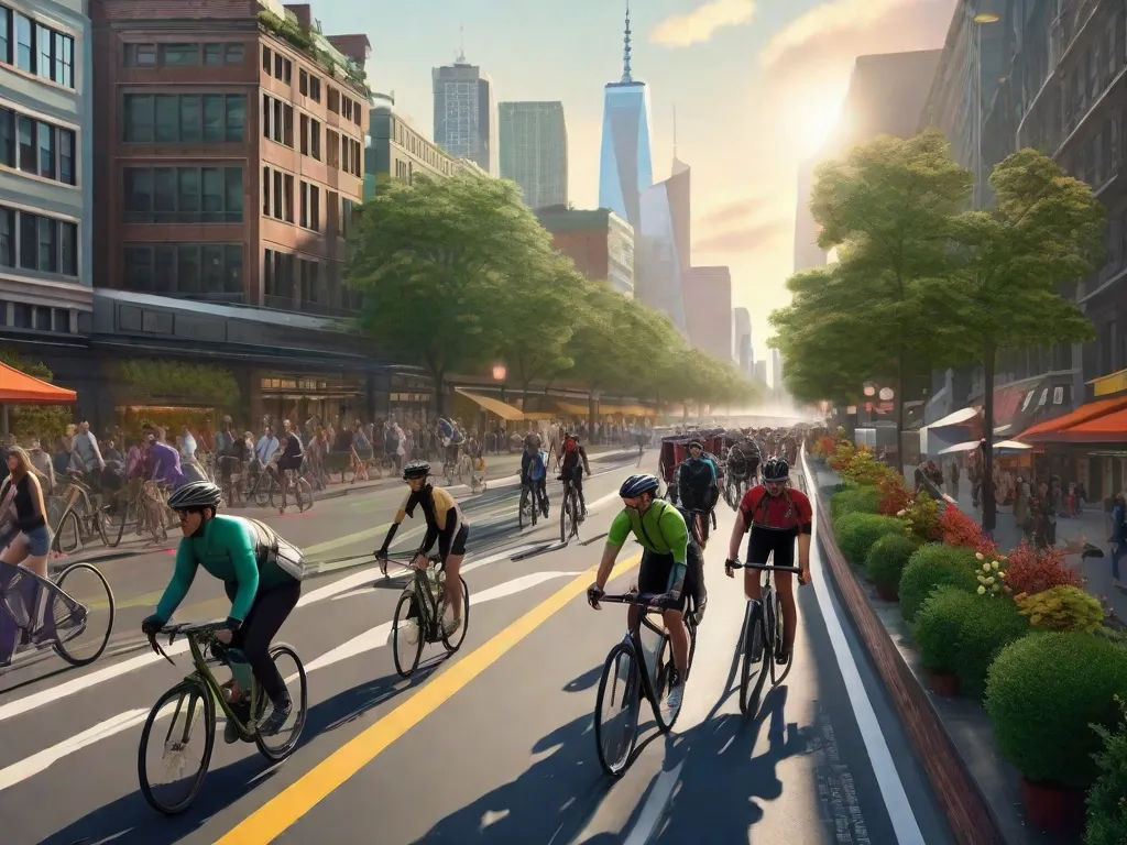 Uma paisagem urbana com uma ampla ciclovia movimentada por uma diversidade de ciclistas em trânsito, alguns em bicicletas de estrada elegantes, outros em bicicletas de carga transportando compras, e bicicletas elétricas passando rapidamente. O horizonte ao fundo sugere uma mudança em direção a uma vida urbana mais verde e movida a pedal.