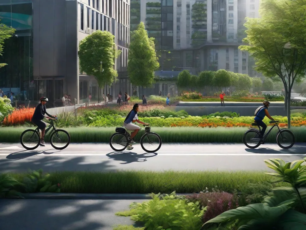 Uma paisagem urbana com uma ciclovia em destaque, onde ciclistas trafegam ao lado de um jardim urbano exuberante. O contraste entre os prédios cinzentos e a vegetação ressalta o impacto ambiental, enquanto ciclistas diversos representam a inclusão cultural.