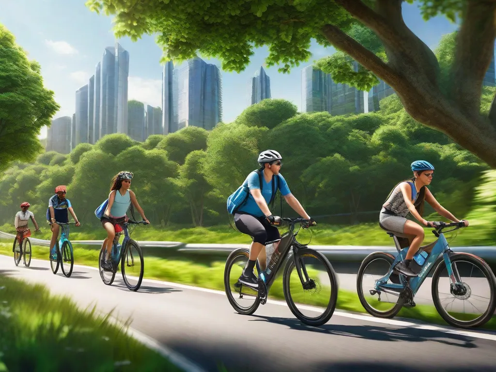 Uma paisagem urbana serena com uma ciclovia designada, movimentada com adultos se deslocando de bicicleta. Ao fundo, arranha-céus adornados com telhados verdes e painéis solares se erguem sob um céu azul limpo, significando uma mistura harmoniosa de vida urbana e práticas sustentáveis.