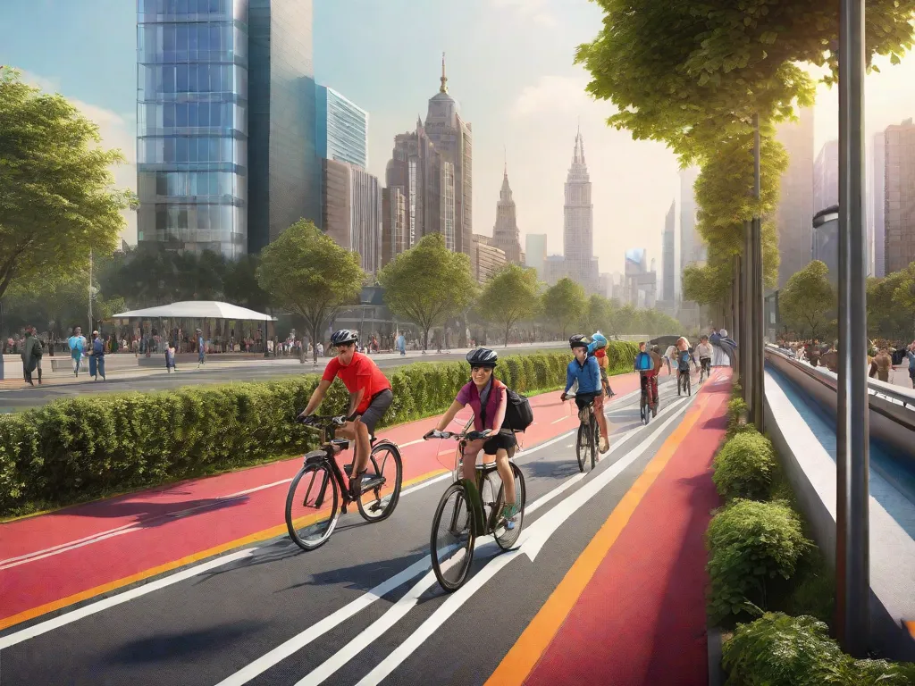 Uma imagem vibrante de uma ciclovia bem projetada se estendendo por uma cidade movimentada. Ciclistas de todas as idades e origens deslizam sem esforço ao longo do caminho dedicado, mostrando a conveniência e segurança que uma infraestrutura de ciclismo robusta oferece. A imagem captura a harmonia entre ciclistas e vida urbana, destacando as inúmeras vantagens de uma