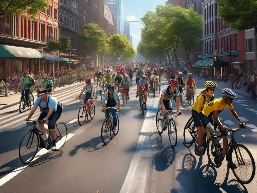 Uma imagem de uma rua movimentada da cidade com uma faixa exclusiva para bicicletas, cheia de ciclistas de todas as idades e origens. A cena vibrante mostra como a bicicleta revolucionou a mobilidade urbana, promovendo uma forma mais saudável e sustentável de se locomover pela cidade.