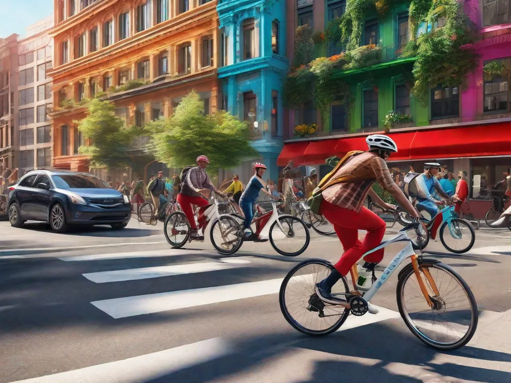 Uma imagem vibrante de uma movimentada rua da cidade, com bicicletas de todos os tamanhos e formas tecendo entre o tráfego. Ciclistas são vistos usando capacetes e roupas coloridas, navegando confiantemente pela paisagem urbana. A imagem captura o impacto positivo das bicicletas na mobilidade urbana, promovendo um modo de transporte mais saudável e sustentável.