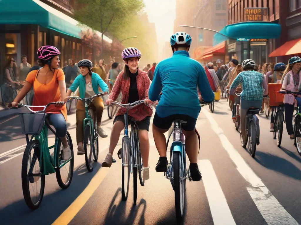 Uma imagem vibrante de uma movimentada rua da cidade, cheia de pessoas de todas as idades e origens montando bicicletas. Os ciclistas navegam pelo trânsito com facilidade, mostrando como a bicicleta transformou a mobilidade urbana. A imagem captura uma sensação de liberdade, sustentabilidade e um estilo de vida mais saudável.