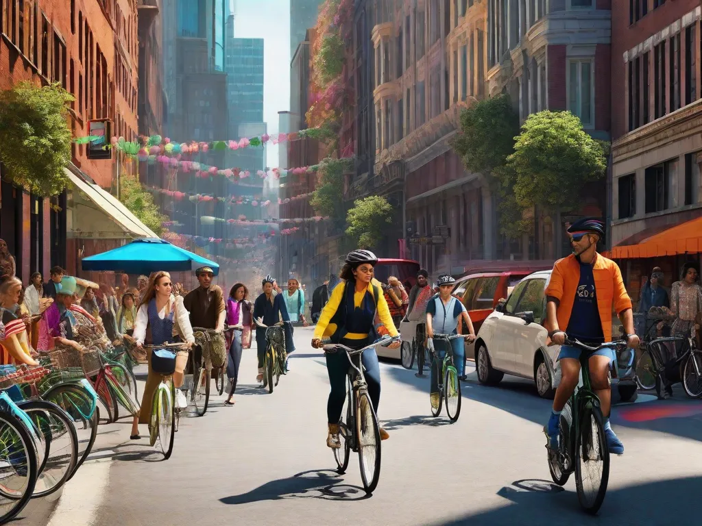Uma imagem de uma rua movimentada da cidade com uma faixa exclusiva para bicicletas, cheia de ciclistas de todas as idades e origens. A cena vibrante mostra como a bicicleta revolucionou a mobilidade urbana, promovendo uma forma mais saudável e sustentável de se locomover pela cidade.