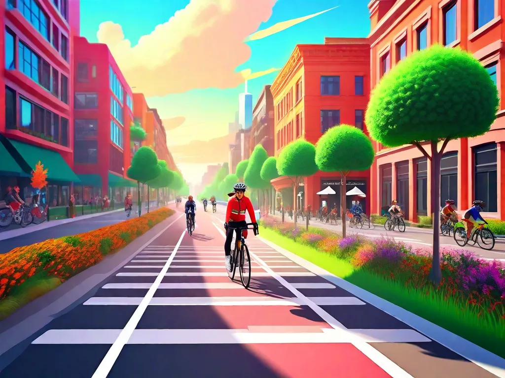 Descrição da Imagem: Uma paisagem urbana vibrante com uma ciclovia dedicada atravessando o centro. Ciclistas de todas as idades e origens são vistos pedalando confiantemente em suas bicicletas, acompanhados por áreas verdes e instalações de arte pública ao longo do caminho. A imagem destaca a importância de criar espaços seguros e inclusivos para o ciclismo, promovendo um ambiente urb
