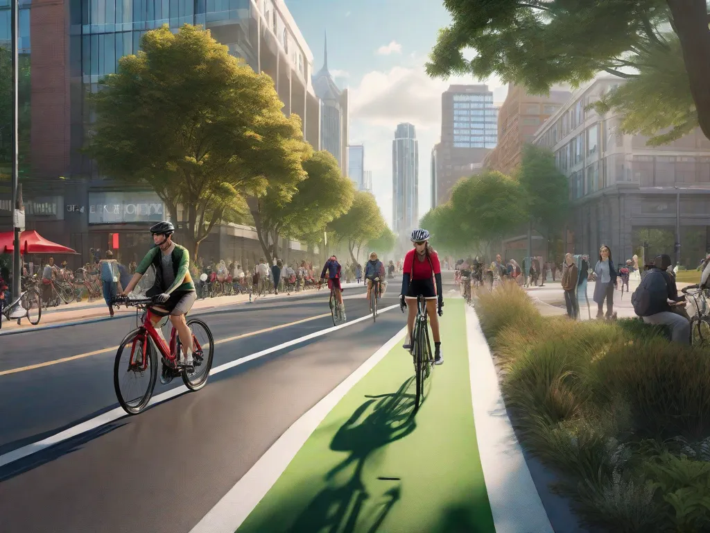 Uma paisagem urbana com faixas de bicicleta designadas, repleta de adultos se deslocando de bicicleta. Existem marcações claras na estrada e sinais priorizando a segurança dos ciclistas. Ao fundo, um centro urbano moderno com espaços verdes e estacionamentos públicos para bicicletas.