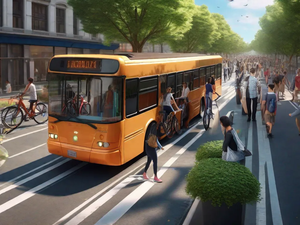 Uma paisagem urbana movimentada com uma ciclovia dedicada. Adultos em bicicletas se deslocam ao lado de ônibus públicos e carros elétricos, destacando uma mistura harmoniosa de métodos de transporte sustentáveis. Árvores frondosas margeiam as ruas, contribuindo para a atmosfera ecológica.