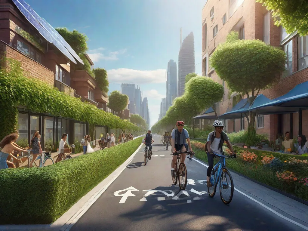 Uma paisagem urbana com uma ciclovia designada, onde adultos em bicicletas se deslocam ao lado de uma vegetação exuberante. Painéis solares cobrem os telhados, e um céu azul claro sugere ar puro, enfatizando um equilíbrio harmonioso entre a vida urbana e a sustentabilidade ambiental.