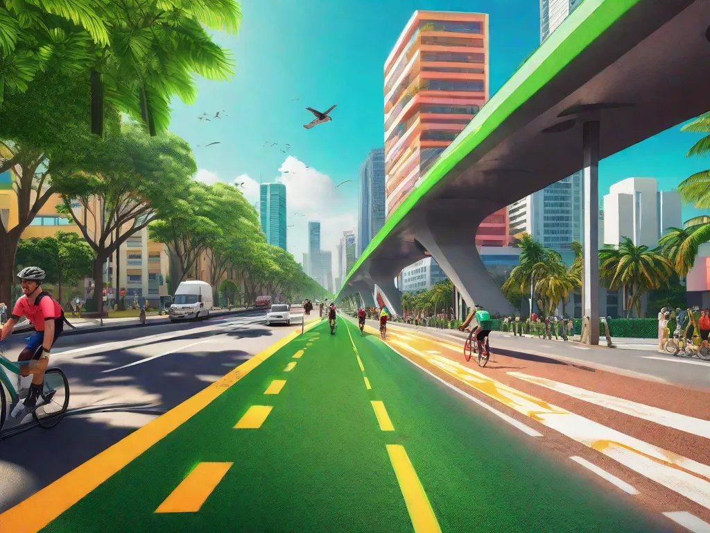 Uma movimentada rua de cidade brasileira ladeada por vibrantes árvores tropicais, apresentando uma viva faixa de bicicleta na cor verde, correndo em paralelo ao tráfego de forma proeminente. Ciclistas aproveitam o trajeto em um dia ensolarado, com icônicos prédios coloridos ao fundo.