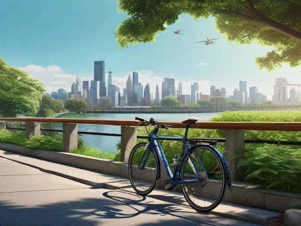 Uma paisagem urbana serena com uma ciclovia designada, ladeada por vegetação exuberante. No primeiro plano, uma bicicleta está encostada em um banco de madeira, com um capacete repousando no guidão. Ao fundo, o céu azul claro sugere um ar não poluído, destacando os benefícios ambientais do ciclismo.