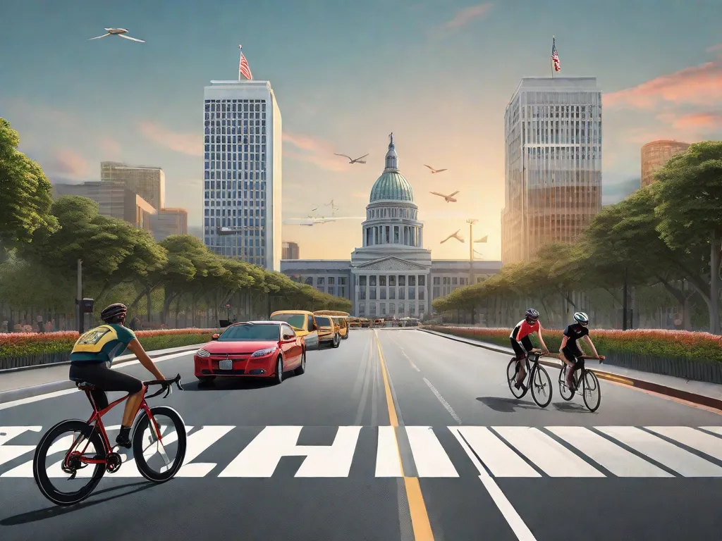 Uma ilustração gráfica exibindo uma paisagem urbana com faixas dedicadas para bicicletas, ciclistas se deslocando, placas de trânsito dando prioridade a bicicletas e um prédio governamental emblemático ao fundo com uma bandeira mostrando um símbolo de bicicleta, simbolizando o apoio do estado ao ciclismo.