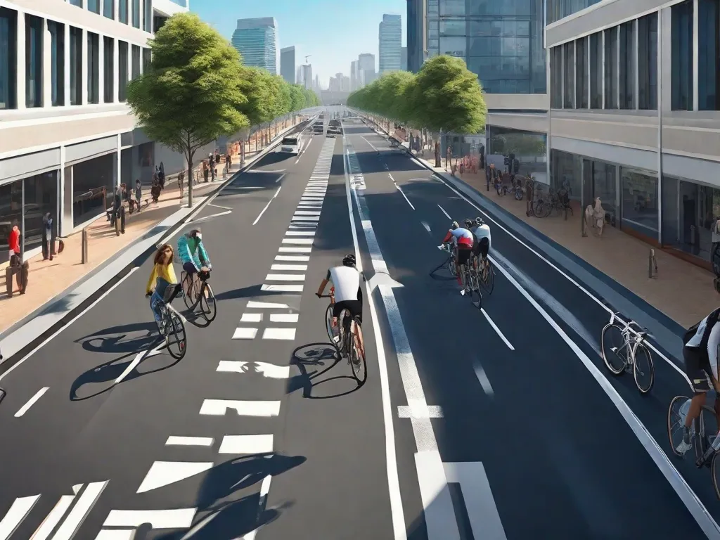 Uma paisagem urbana com um céu azul límpido, apresentando uma ciclovia com várias bicicletas estacionadas e alguns ciclistas se deslocando, enquanto, ao fundo, os carros estão notavelmente ausentes das ruas.