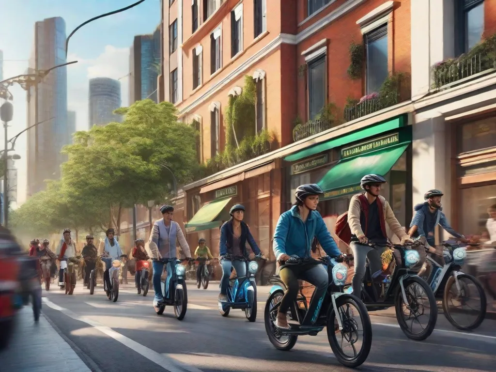 Uma imagem de uma movimentada rua da cidade com pessoas andando de bicicletas elétricas, mostrando o crescente mercado de bicicletas elétricas. Os ciclistas são vistos deslizando sem esforço pelo trânsito, enfatizando a conveniência e a natureza ecologicamente correta desse meio de transporte.