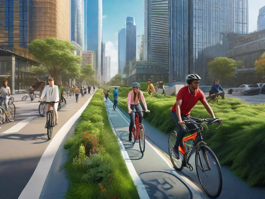 Uma paisagem urbana serena com uma ciclovia designada, movimentada com adultos se deslocando de bicicleta. Ao fundo, arranha-céus adornados com telhados verdes e painéis solares se erguem sob um céu azul limpo, significando uma mistura harmoniosa de vida urbana e práticas sustentáveis.