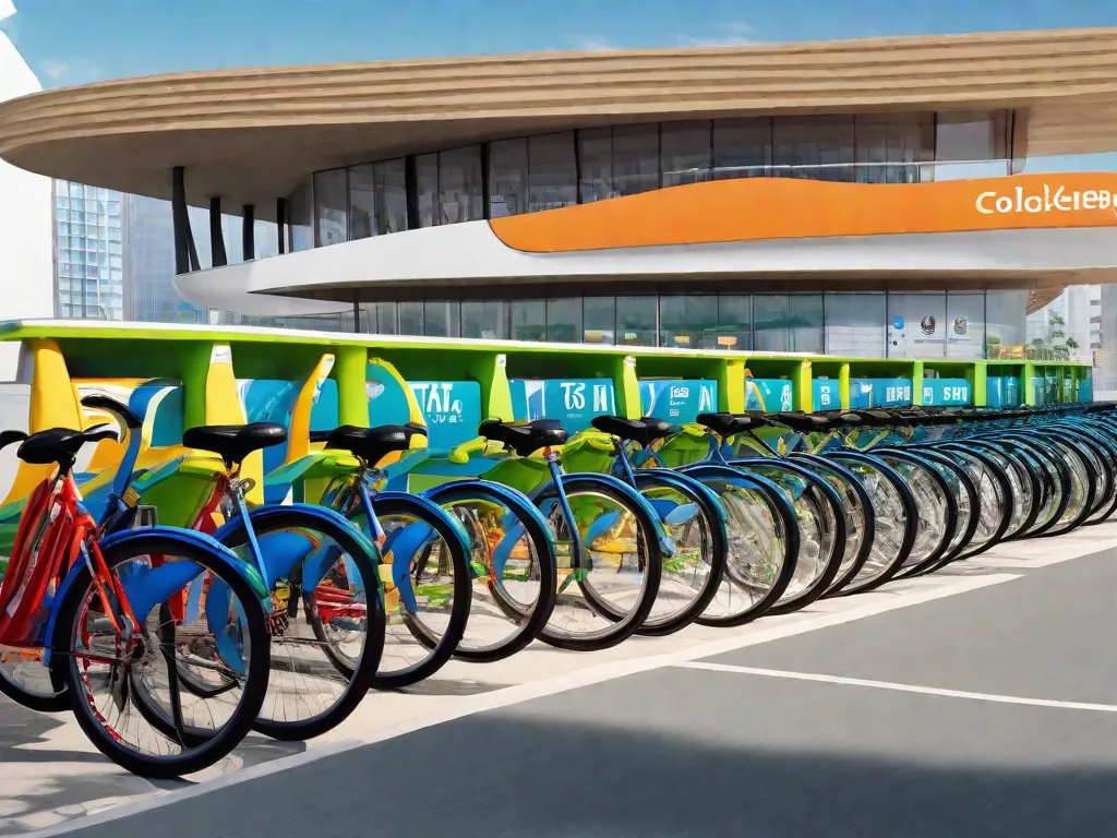 Descrição da imagem: Uma paisagem urbana vibrante com um céu azul claro e uma fileira de bicicletas coloridas alinhadas de forma organizada em uma estação de compartilhamento de bicicletas. Pessoas de todas as idades e origens podem ser vistas pedalando as bicicletas com alegria, desfrutando da liberdade e conveniência de alugar bicicletas do Ita