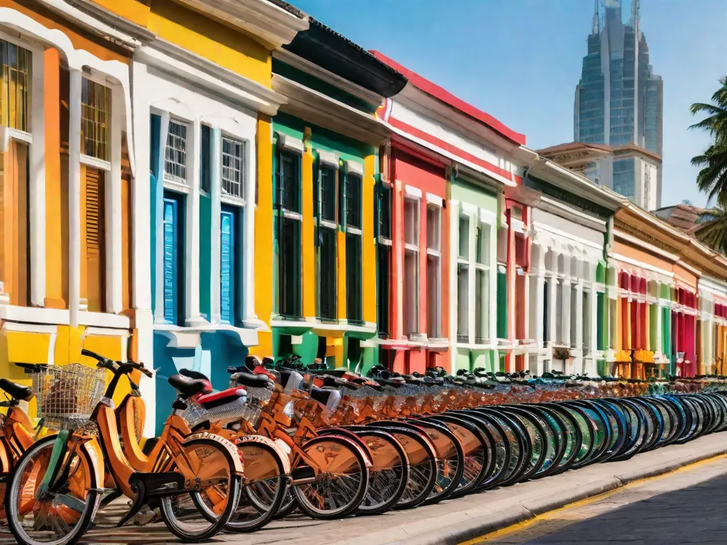 Descrição da imagem: Uma paisagem urbana vibrante com uma fileira de bicicletas coloridas alinhadas ordenadamente em uma estação de compartilhamento de bicicletas. Pessoas de diferentes idades e origens são vistas pedalando as bicicletas, desfrutando da liberdade e conveniência de alugar bicicletas do Itaú. A imagem captura a energia e acessibilidade do ciclismo