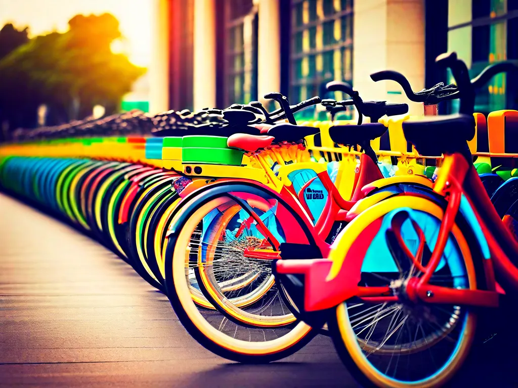 Descrição da imagem: Uma paisagem urbana vibrante com uma fileira de bicicletas coloridas alinhadas ordenadamente em uma estação de compartilhamento de bicicletas. Pessoas de diferentes idades e origens são vistas pedalando as bicicletas, desfrutando da liberdade e conveniência de alugar bicicletas do Itaú. A imagem captura a energia e acessibilidade do ciclismo