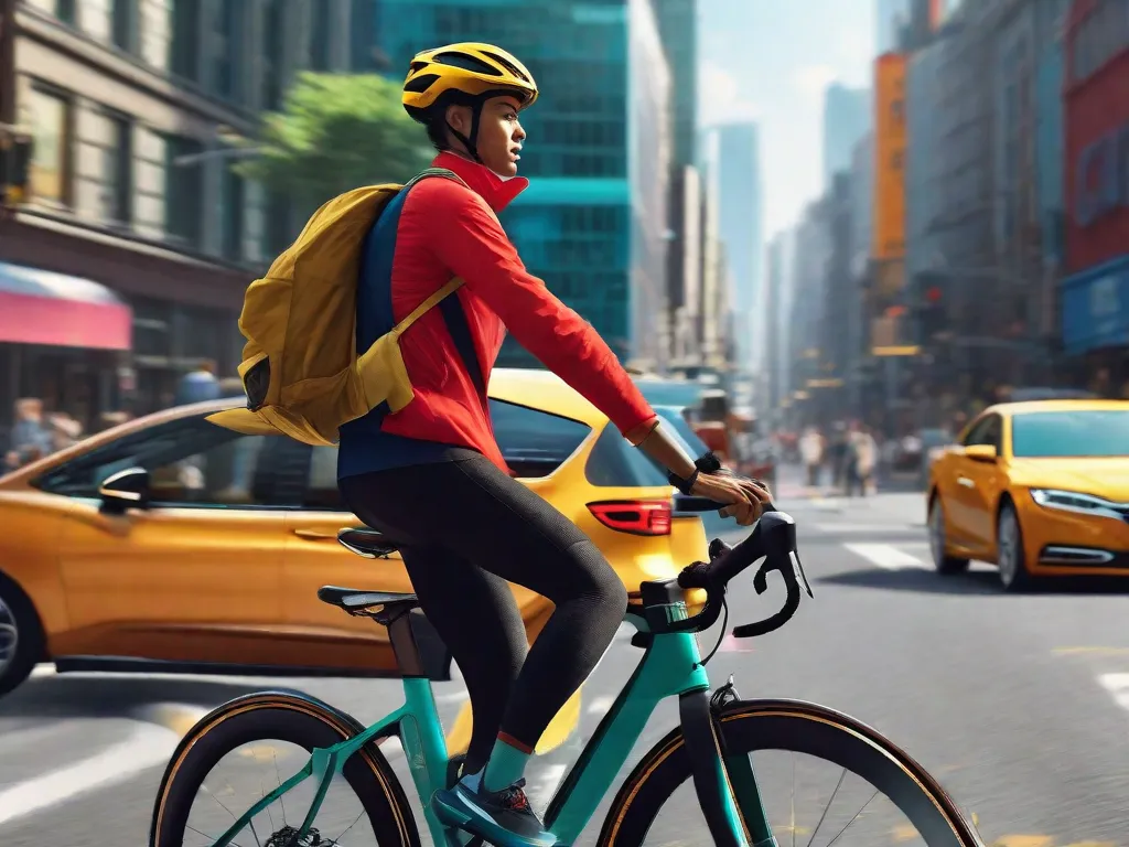 Descrição da imagem: Uma paisagem urbana vibrante com um ciclista navegando pelas ruas movimentadas. O ciclista, vestido com roupas urbanas de ciclismo, pedala confiantemente passando por carros presos no trânsito. A imagem captura a energia e a liberdade de usar a bicicleta como meio de transporte urbano sustentável e eficiente.