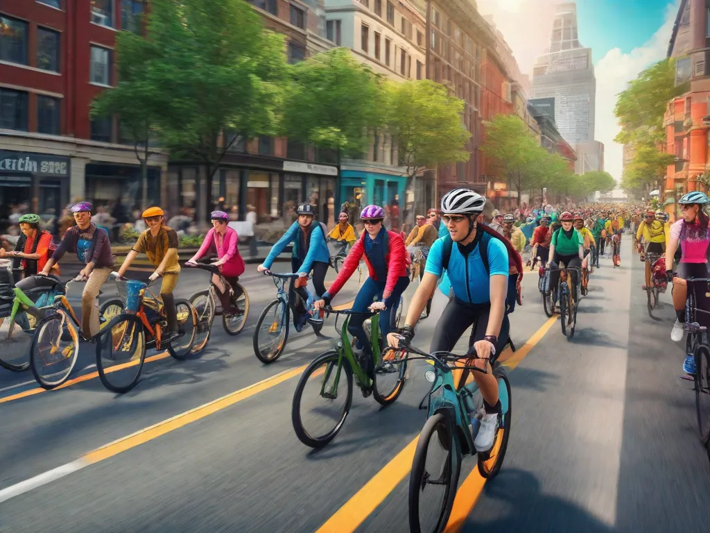 Descrição da imagem: Uma paisagem urbana vibrante com uma rua movimentada cheia de ciclistas. A imagem destaca um grupo diversificado de indivíduos pedalando bicicletas, enfatizando os benefícios do ciclismo para a mobilidade urbana. Os ciclistas estão usando capacetes e roupas coloridas, criando uma sensação de energia e promovendo um estilo de vida saudável e ecologicamente