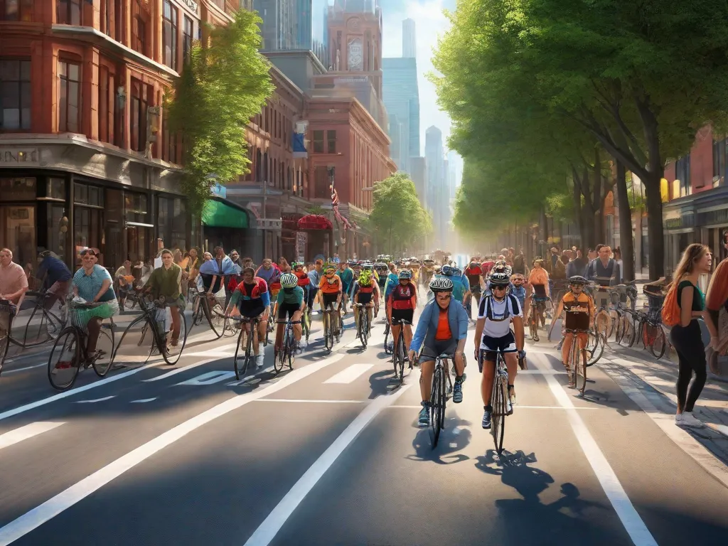Uma imagem vibrante de uma rua movimentada da cidade, com ciclistas de todas as idades e origens pedalando ao longo de ciclovias dedicadas. A cena captura a essência de uma cidade que abraça o ciclismo como meio de transporte, promovendo um estilo de vida mais saudável e reduzindo o congestionamento do tráfego.