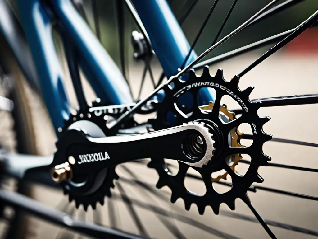 Uma imagem de close-up do cassete de marchas e do desviador de uma bicicleta, com a corrente repousando em um pinhão de tamanho médio, destacando os dentes metálicos intricados e os elos contra o fundo de um aro de roda desfocado.