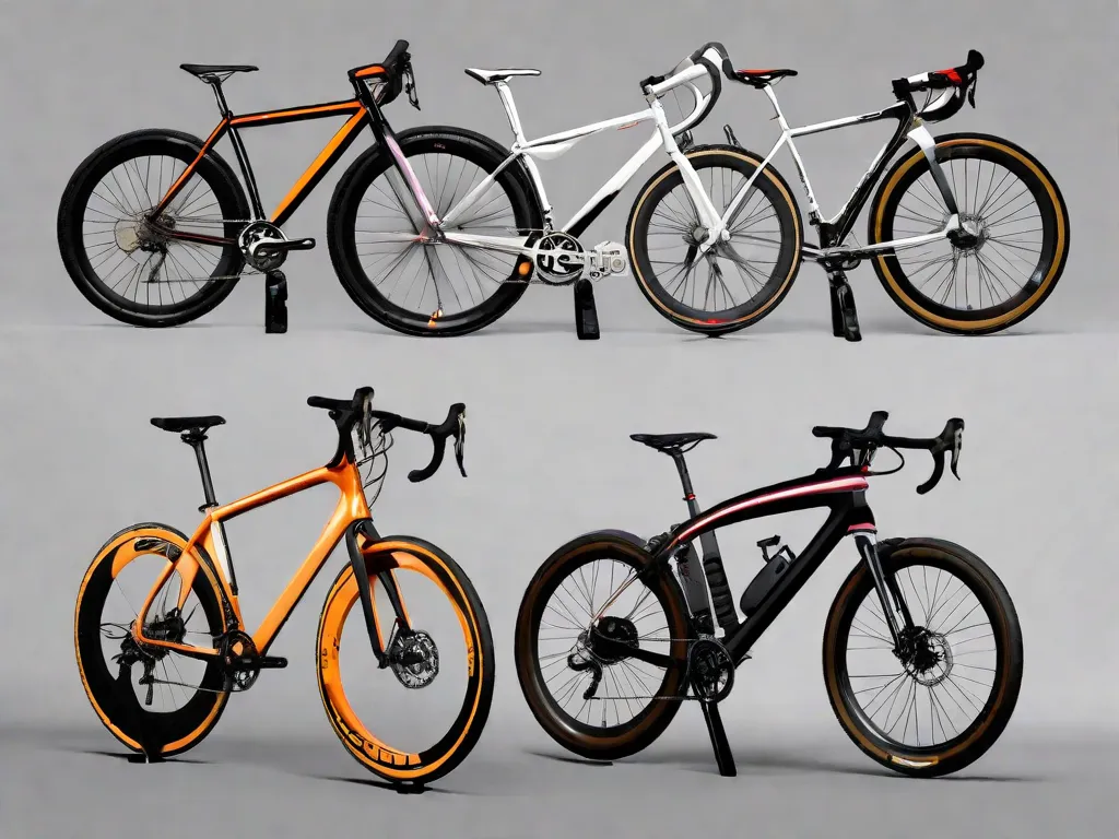 Uma colagem de diversos guidões de bicicleta: uma bicicleta de estrada elegante com guidão curvo para aerodinâmica, uma bicicleta de montanha com guidão largo e plano para controle, uma cruiser com guidão alto e curvado para trás para conforto, e uma bicicleta de turismo com guidão em forma de borboleta para múltiplas posições das mãos e facilidade em long