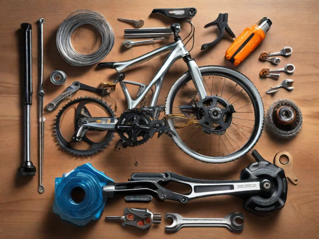 Uma imagem bem iluminada de uma bicicleta virada de cabeça para baixo, com um conjunto de ferramentas como chaves inglesas e chaves de fenda organizadas cuidadosamente em uma bancada de trabalho. Um par de mãos está ajustando a corrente da bicicleta, com tubos de reposição e spray lubrificante visíveis ao fundo.